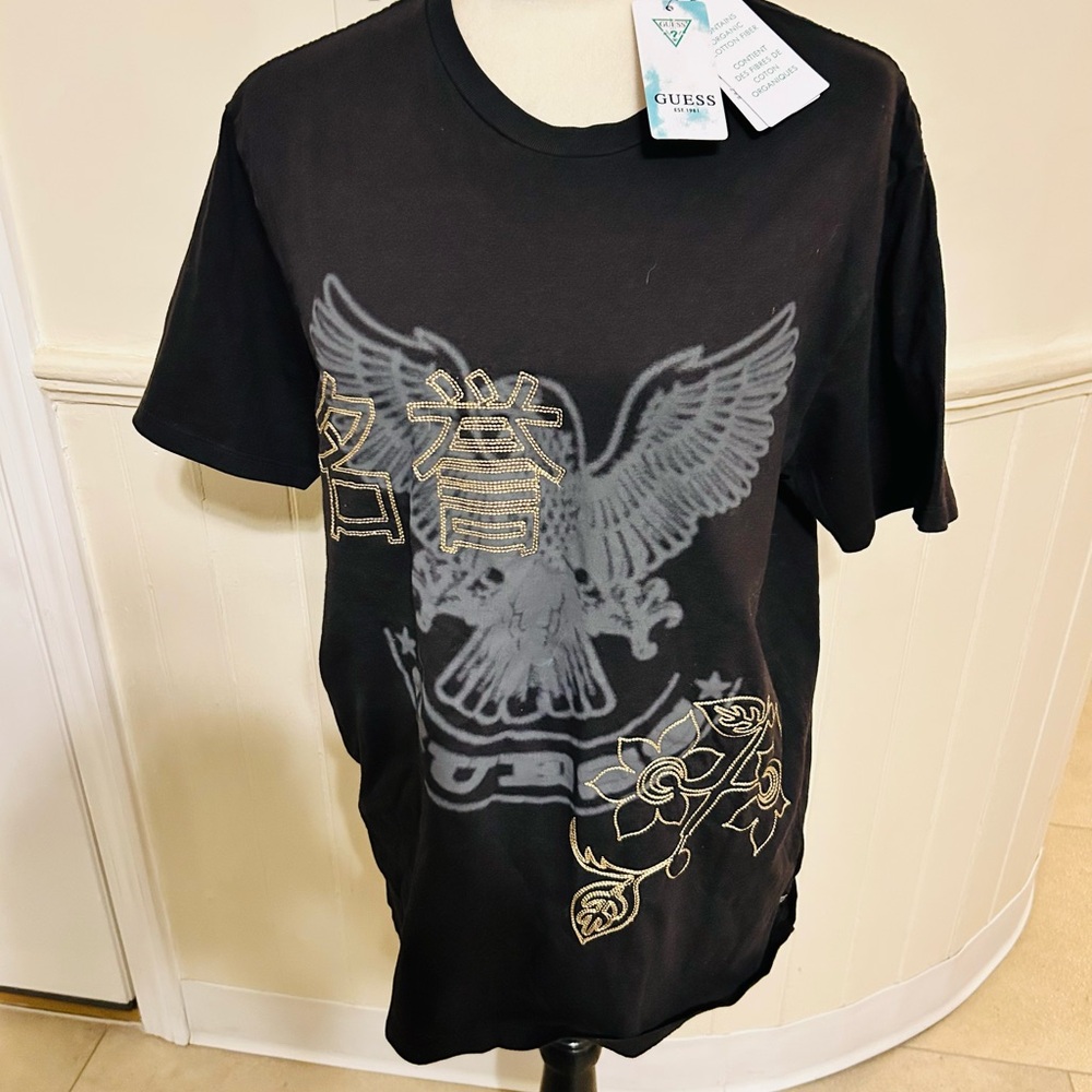 NWT Guess Eco Heritage Tee-Japanese Kanji Eagle Graphic Black T-Shirt Size Med